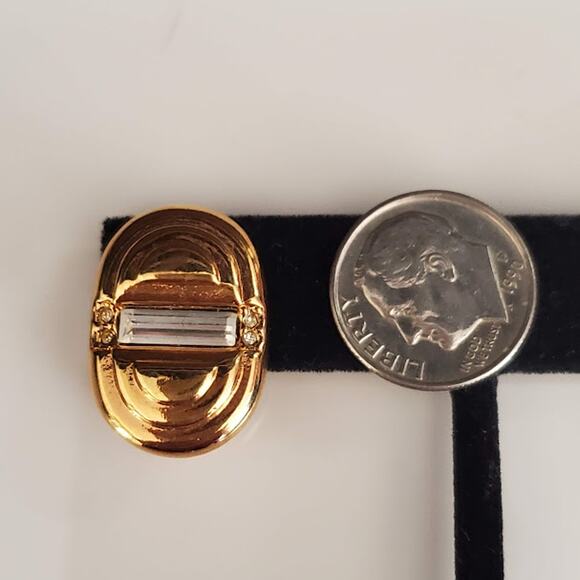 Swarovski Gold Plated Clip On Earrings with Clear Crystals Baguettes Swan Signed - Picture 6 of 7